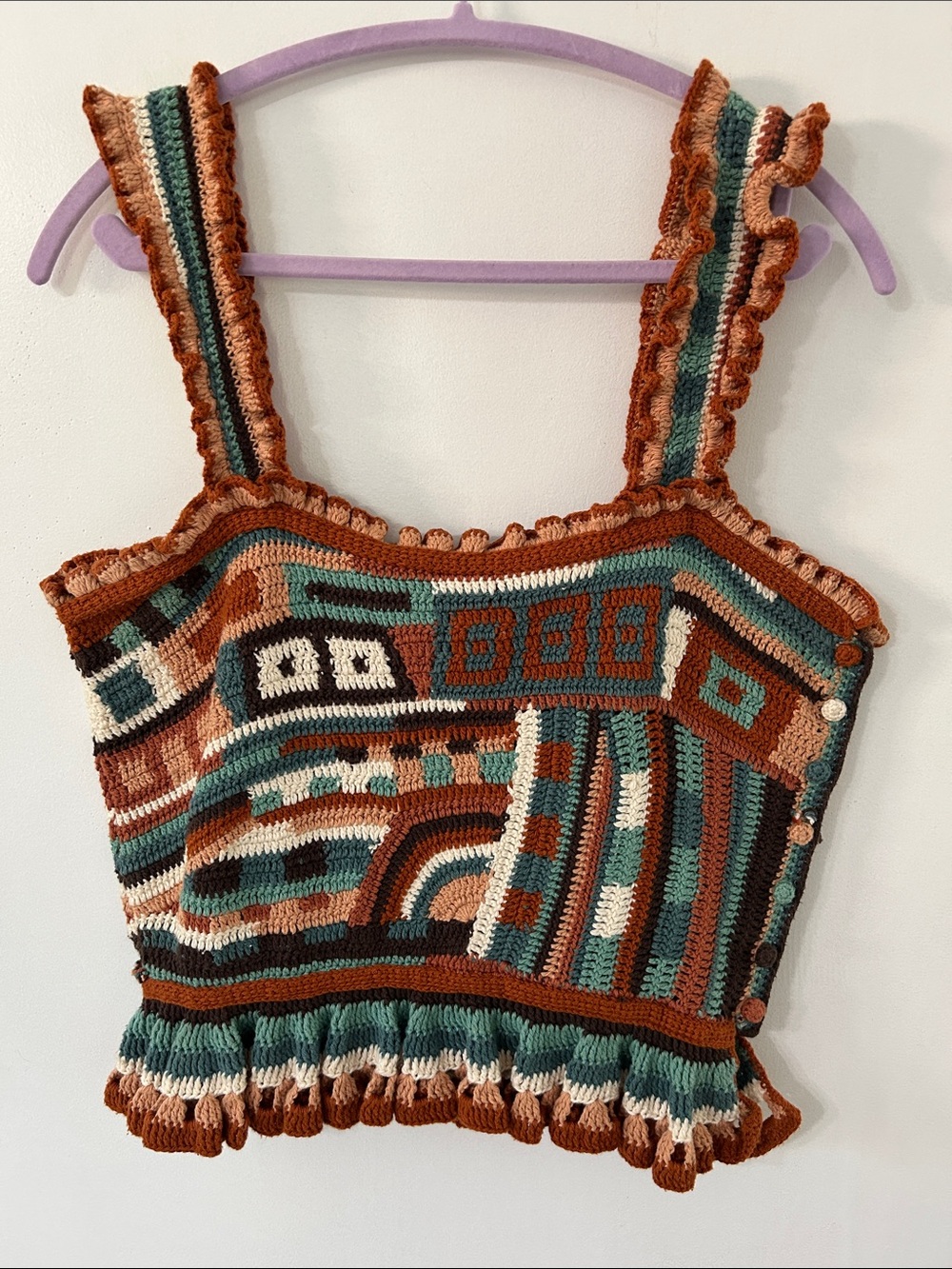 Ulla Johnson Luisa Crochet Knit Top Size M/L Cropped Multicolored Hippie Ruffle
